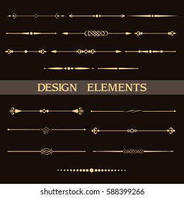 Conjunto de divisores dorados vintage. Elementos vectores para su diseño sobre fondo negro. Elementos de diseño caligráfico y decoración de páginas