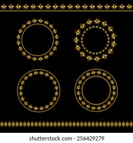 set of vintage golden frames and lines isolated on black background