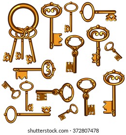 Set of vintage golden keys isolated on white background. Vector cartoon close-up illustration.