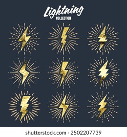 Set aus goldenen Vintage-Blitzen und Sonnenstrahlen. Goldfolie. Blitze mit Sonnenaufgangswirkung. Thunderbolt, Elektroschock-Zeichen. Vektorgrafik