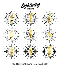 Conjunto de relámpagos dorados vintage y rayos de sol. Textura de papel de oro. Relámpagos con efecto sunburst. Thunderbolt, señal de descarga eléctrica. Ilustración vectorial