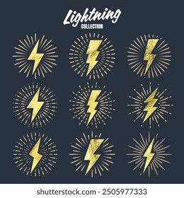 Set of vintage golden lightning bolts and sun rays. Gold foil texture. Lightnings with sunburst effect. Thunderbolt, electric shock sign. Vector illustration