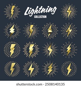Set of vintage golden lightning bolts and sun rays. Gold foil texture. Lightnings with sunburst effect. Thunderbolt, electric shock sign. Vector illustration