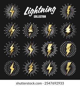 Set of vintage golden lightning bolts and sun rays. Gold foil texture. Lightnings with sunburst effect. Thunderbolt, electric shock sign. Vector illustration
