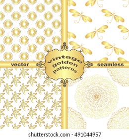 Set vintage golden patterns and frame, vector