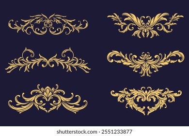 Conjunto de adorno de Antiguas Golden Scroll. Damasco, barroco, filigrana, arabesco, elemento floreciente. Decorativo   marco de borde. Art deco Simetría de lujo floral ornamental.