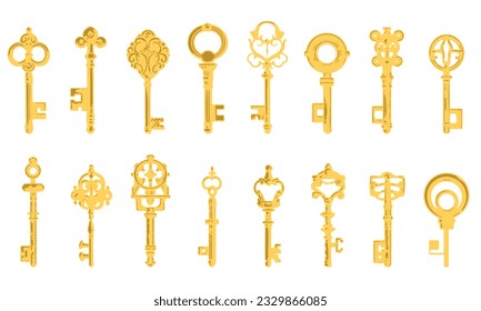 Set of vintage golden skeleton keys isolated on white background