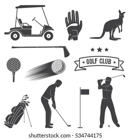 Set of vintage golf elements and equipment. Vector illustration.