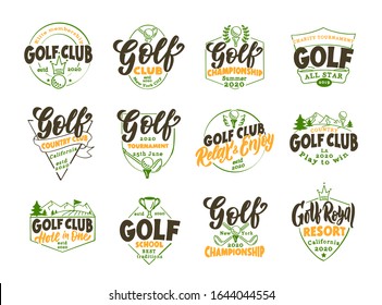 Set of vintage Golf emblems and stamps. Colorful badges, templates and stickers for Golf club, school. Collection of sport logos with hand-drawn text, phrases. Vector illustration