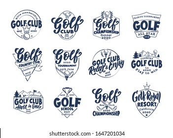 Set of vintage Golf emblems and stamps. Badges, templates and stickers for club, school on white background. Collection of retro logos with hand-drawn text and phrases. Vector illustration