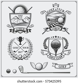 Set of vintage golf labels, badges, emblems and design elements. Monochrome design.