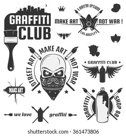 Set of vintage graffiti and street art emblem, labels and design elements. Monochrome style. 