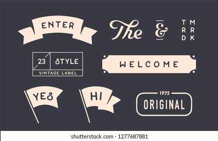 Set of vintage graphic. Design elements, linear drawing, vintage hipster style. Flag, ribbon, banner, border, style elements, the and ampersand. Set of vintage retro graphic. Vector Illustration