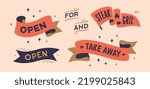 Set vintage graphic. Ribbon, flag, board with text Open, For, And, Take Away. Isolated vintage old school set ribbon banner. Retro set vintage flag, ribbon, graphic. Vector Illustration