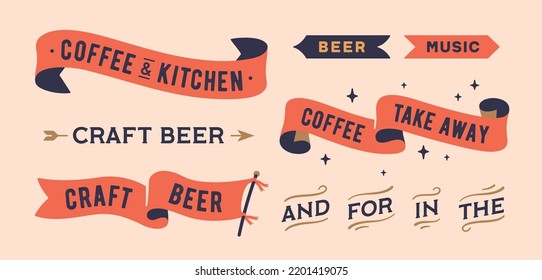Set vintage graphic. Ribbon, flag, board with text Coffee, Kitchen, Take Away, Craft Beer. Isolated vintage old school set ribbon banner. Retro set vintage flag, ribbon, graphic. Vector Illustration - Shutterstock ID 2201419075
