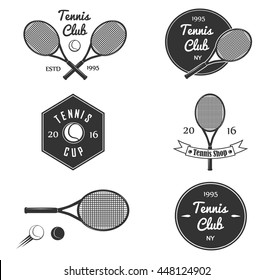 Set of Vintage Graphics and Emblems for web design or print.Tennis club,cup style professional logo design.Monochrome Tenis Sport elements,symbols.Racket,ball.  Vector hipster insignia eps10.