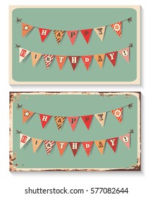 Set Of Vintage Greeting Card. Festive Banner As Bunting Flags With Letters HAPPY BIRTHDAY. Vector Illustration . Happy Birthday Concept Template For Banner, Brochure, Gift Certificate.