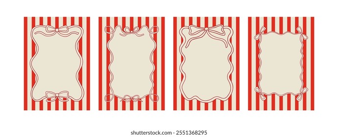 Conjunto de modelos de cartões vintage com arcos ondulados. Ilustração vetorial dos quadros da faixa de opções no plano de fundo listrado. Clipart de férias em retro coquette estética