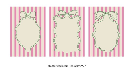 Set of vintage greeting card templates with wavy bows. Vector illustration of ribbon frames on striped background. Holiday clipart in retro coquette aesthetic