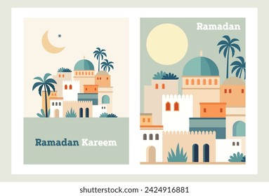 Set of vintage greeting cards, invitations or posters. Muslim holiday Ramadan Kareem. Colorful arab houses, date palm trees. Moon, stars. Vector illustrations set, flat design.  Festive web banner.