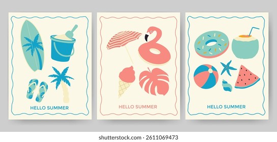 Set of vintage greeting cards for summer. Hand drawn frames with flamingos, ice cream, pineapple, tropic leaves, cocktails, plum tree, watermelon, lemon, beach accessories template for poster, banner