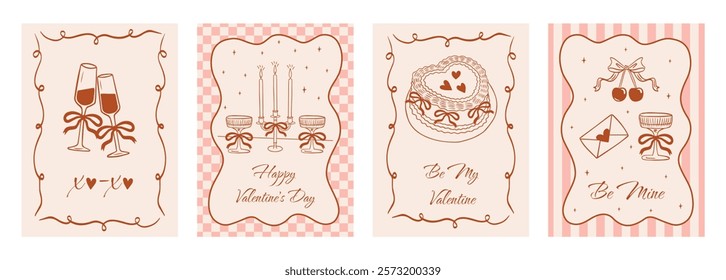 Set of vintage greeting cards for Valentine's Day in coquette style. Illustration romantic border with ribbon frame and bow in the la Dolce Vita aesthetic. Vector retro doodle hand drawn.