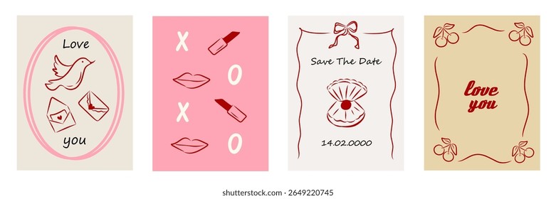 Set of vintage greeting cards for Valentine's Day in coquette style. Romantic border with ribbon frame invitation, bow in the la Dolce Vita aesthetic. Vector doodle hand drawn whimsical illustration.