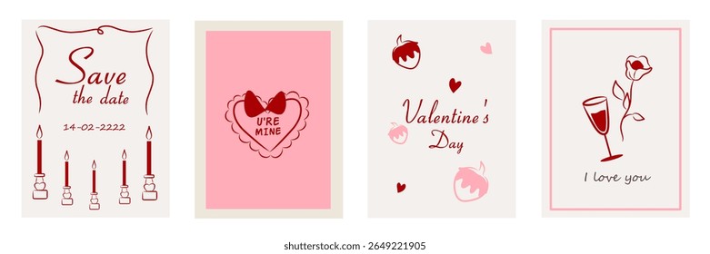 Set of vintage greeting cards for Valentine's Day in coquette style. Romantic border with ribbon frame invitation, bow in the la Dolce Vita aesthetic. Vector doodle hand drawn whimsical illustration.