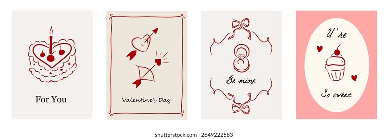 Set of vintage greeting cards for Valentine's Day in coquette style. Romantic border with ribbon frame invitation, bow in the la Dolce Vita aesthetic. Vector doodle hand drawn whimsical illustration.
