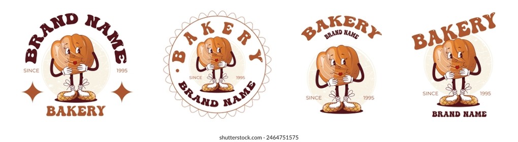 A set of vintage groovy bakery logos with fun pastries.Cute mascot logo for groovy bakery design.
