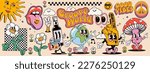 Set of vintage groovy characters and elements for poster of sticker design. Retro character, hippie 70s style, psychedelic mushroom, flowers,  planet earth. Vintage vector set