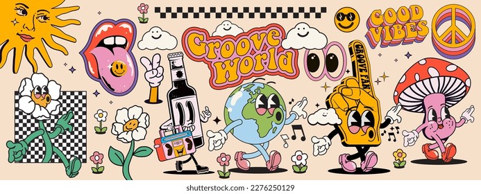 Set of vintage groovy characters and elements for poster of sticker design. Retro character, hippie 70s style, psychedelic mushroom, flowers,  planet earth. Vintage vector set - Shutterstock ID 2276250129