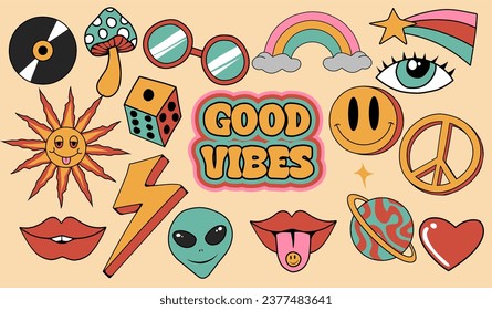 Set of vintage groovy characters and elements for poster of sticker design. Retro character, hippie 70s style, psychedelic mushroom, flowers, planet earth. Vintage vector set