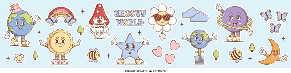 Set of vintage groovy characters and elements of sticker design. Retro character, hippie 70s style. Psychedelic planet earth, sun, mushroom, star, moon, flower. Groovy World. Vector art