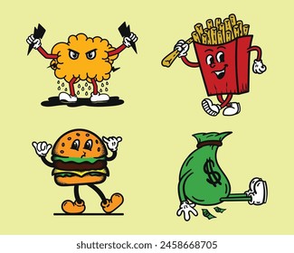 Set of vintage groovy characters and elements for poster of sticker design. Groovy funky vector for streetwear design concept.