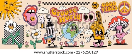 Set of vintage groovy characters and elements for poster of sticker design. Retro character, hippie 70s style, psychedelic mushroom, flowers,  planet earth. Vintage vector set [[stock_photo]] © 