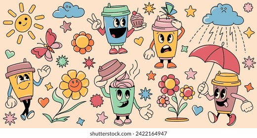 Set of vintage groovy characters, walking Coffee Cup and retro cartoon elements for sticker design,
