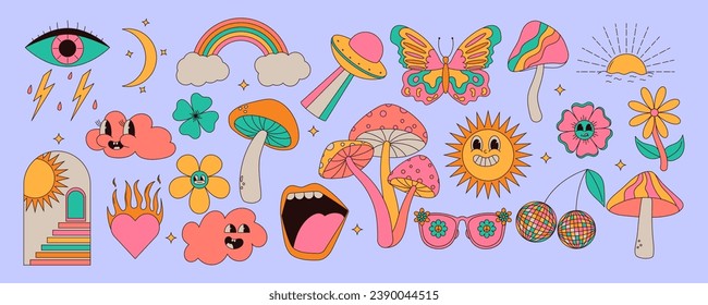 Set of vintage groovy elements. Mushrooms, sun, flower, lips, eyes, sunglasses and etc. Sticker pack in hippie 70s style. Vector illustration