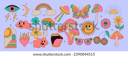 Set of vintage groovy elements. Mushrooms, sun, flower, lips, eyes, sunglasses and etc. Sticker pack in hippie 70s style. Vector illustration