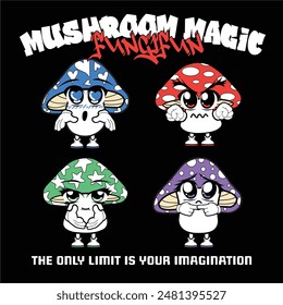 Set of vintage groovy mushroom characters for poster of sticker design. Retro character, hippie 70s style, psychedelic mushroom, flowers, planet earth. 