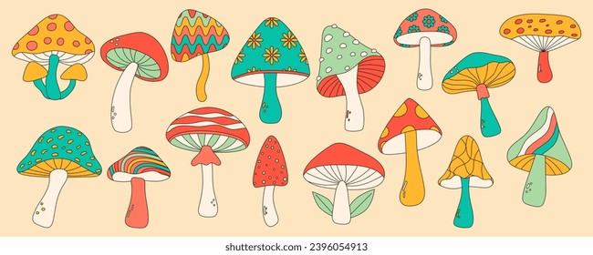 Set of vintage groovy mushrooms in 70s groovy style. Vector illustration