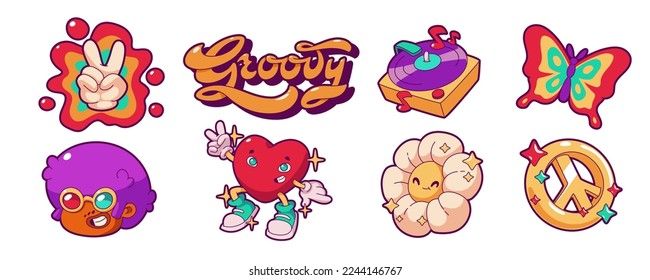 Set of vintage groovy stickers isolated on white background. Vector illustration of colorful funky badges in form of butterfly, peace sign, heart, flower, vinyl player and male hippie character