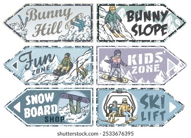 Set of vintage grunge arrow shaped labels with snowboarders, skiers and inscriptions on winter sports theme. Winter poster or sign