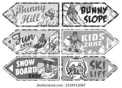 Set von vintage grunge pfeilförmigen Etiketten mit Snowboardern, Skifahrern und Inschriften zum Thema Wintersport. Winterplakat oder -schild