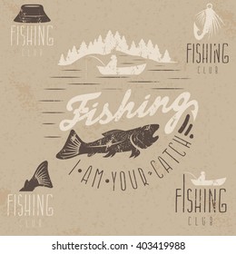 set of vintage grunge labels with fishing theme