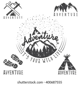 set of vintage grunge labels mountain adventure and camping