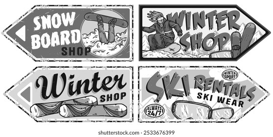 Conjunto de carteles vintage grunge para tiendas de snowboard y deportes de invierno con snowboarder realizando trucos y paisajes de montaña. Cartel o cartel de invierno