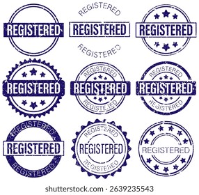 Set of vintage grunge rubber stamps with the word Registered in various circular badge styles. Suitable for official documents, certificates, labels, or branding design.