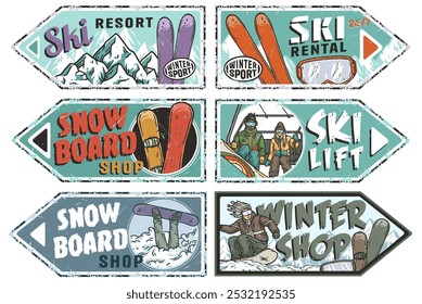 Vintage-Plakate im Grunge-Stil, die den Ort verschiedener Wintersportarten, einschließlich Skifahren und Snowboarden, zeigen. Winterplakat oder -schild