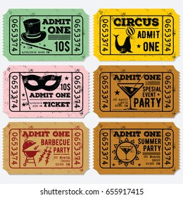 Set of Vintage grunge Tickets for circus, carnival, barbecue and summer parties. Vector illustration